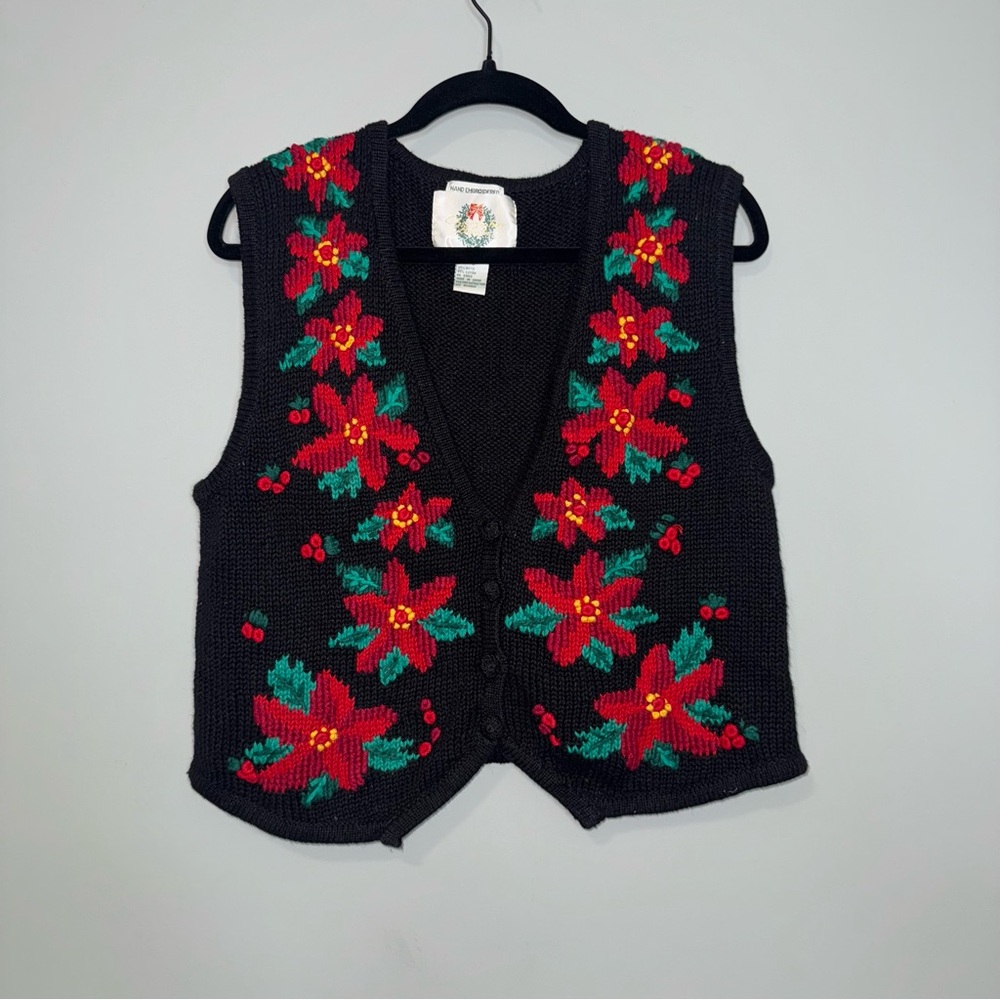 Christopher & Banks Vintage Christmas Poinsettia Hand Embroidered Sweater Vest S
